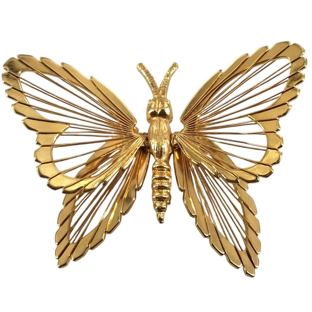 Vintage Monet Spinnerets 3D Butterfly Brooch Gold Tone Menagerie Filigree Pin